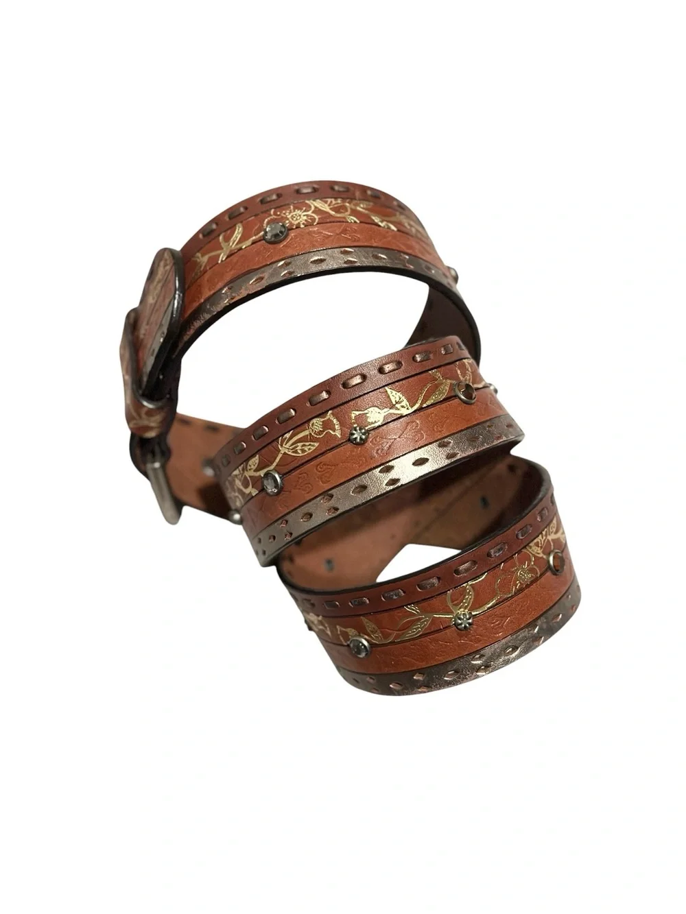 Vintage Fossil Ornate Jeweled Embroidered Brown Leather Belt y2k Medium